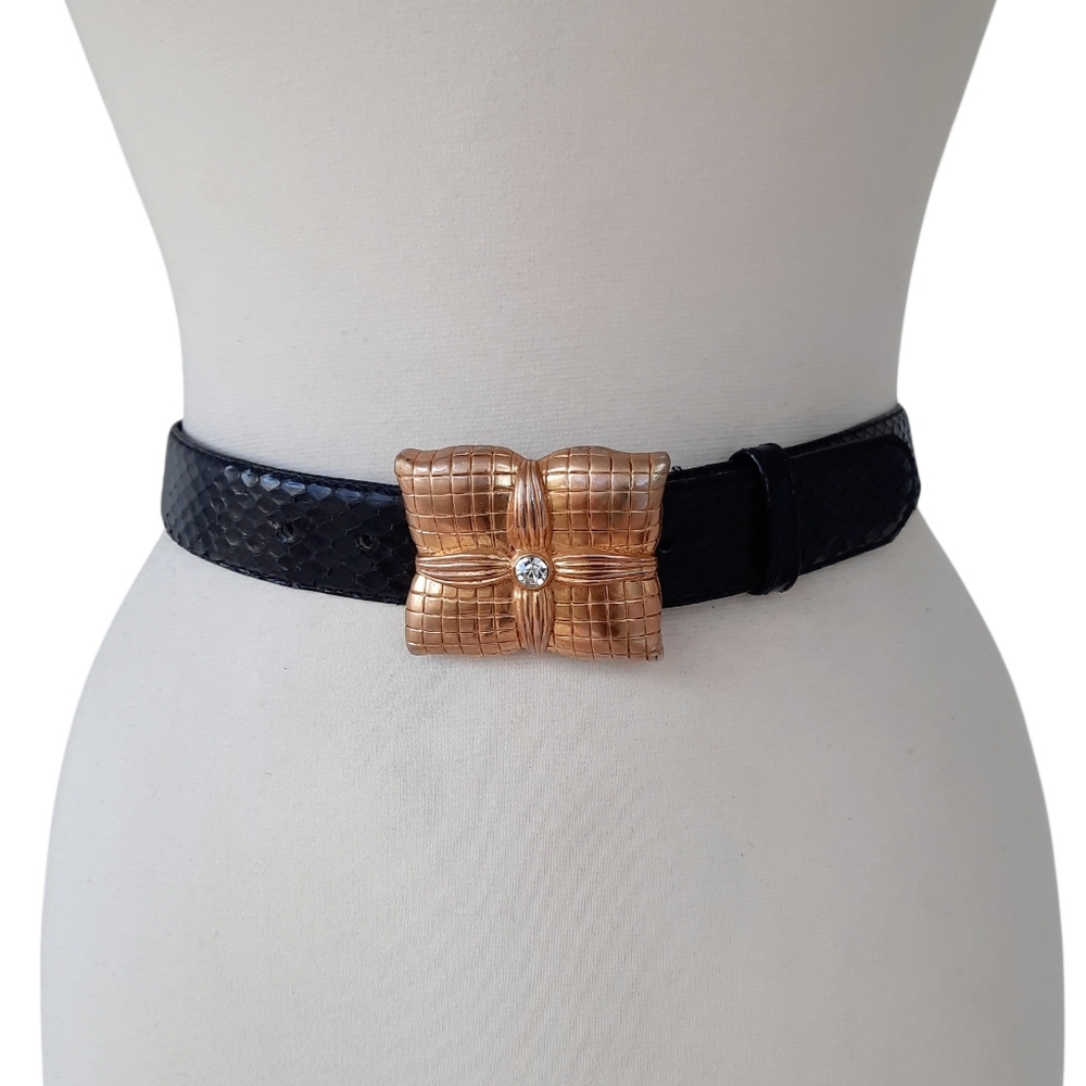 Vintage Black Snakeskin Belt w/ Chunky Square Crystal detail Gold Buckle Sz S